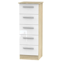 Cyra 39.5cm W 5 Drawer Tallboy - White Gloss and Bardolino