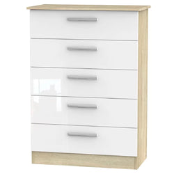 Cyra 76.5cm W 5 Drawer Tallboy - White Gloss and Bardolino