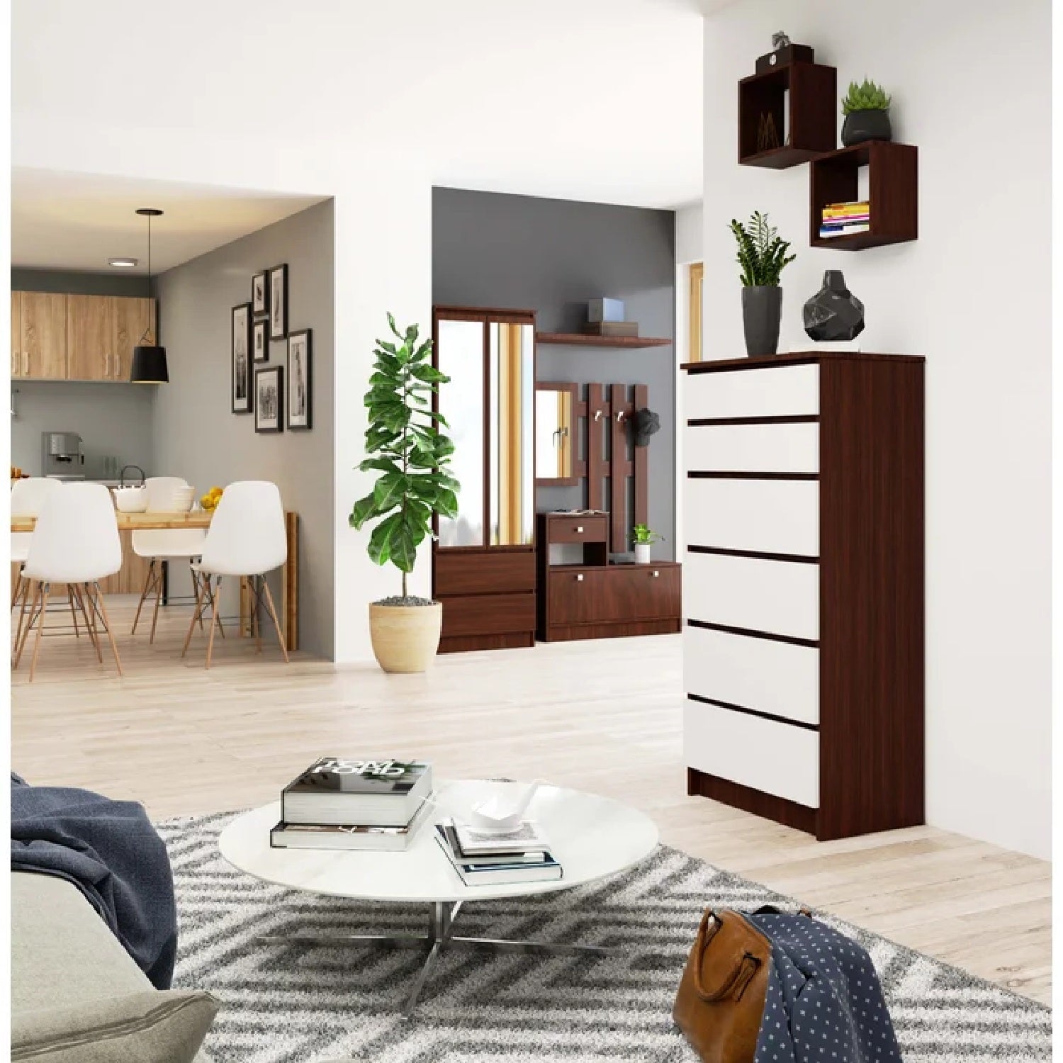 Elora 6 Tallboy Drawers - Dark Brown and Alder