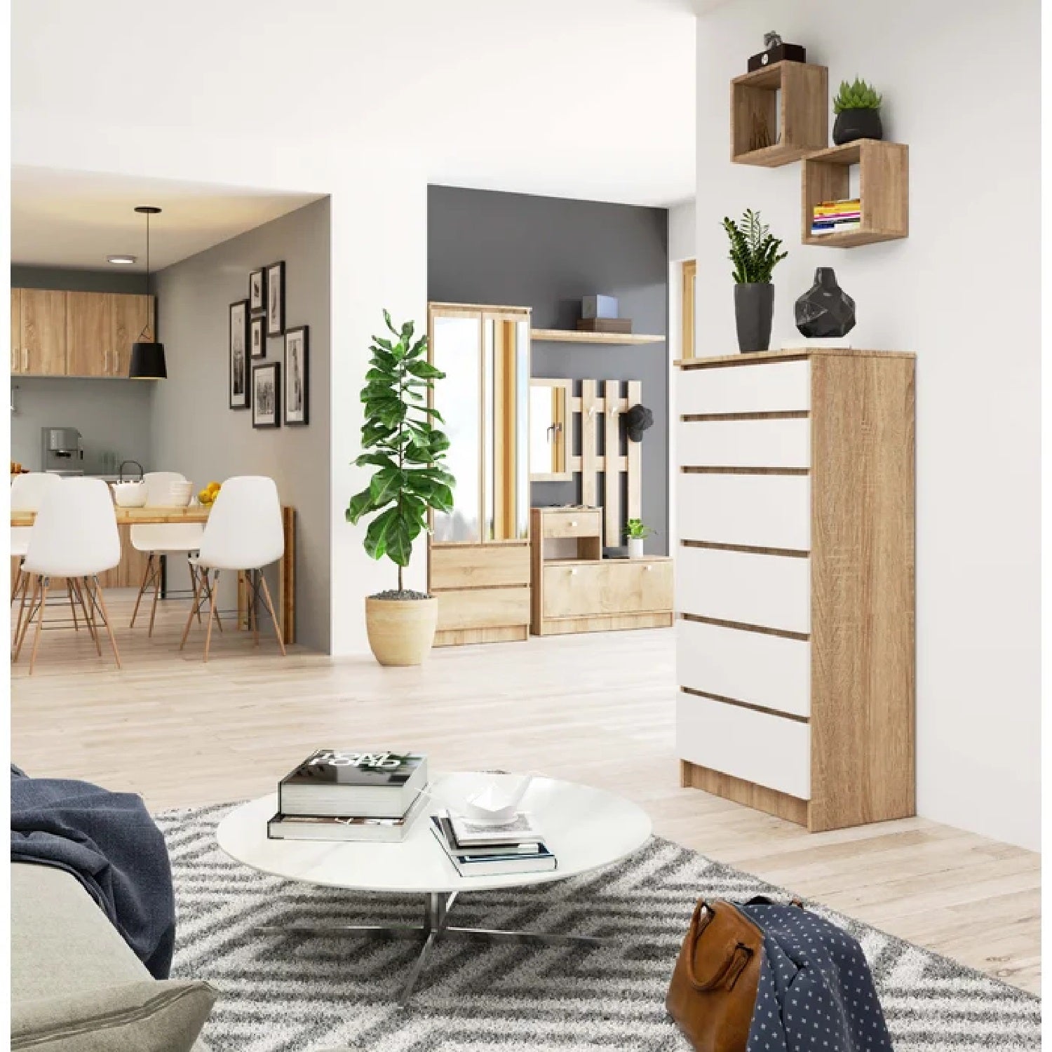 Elora 6 Tallboy Drawers - Sonoma Oak and White