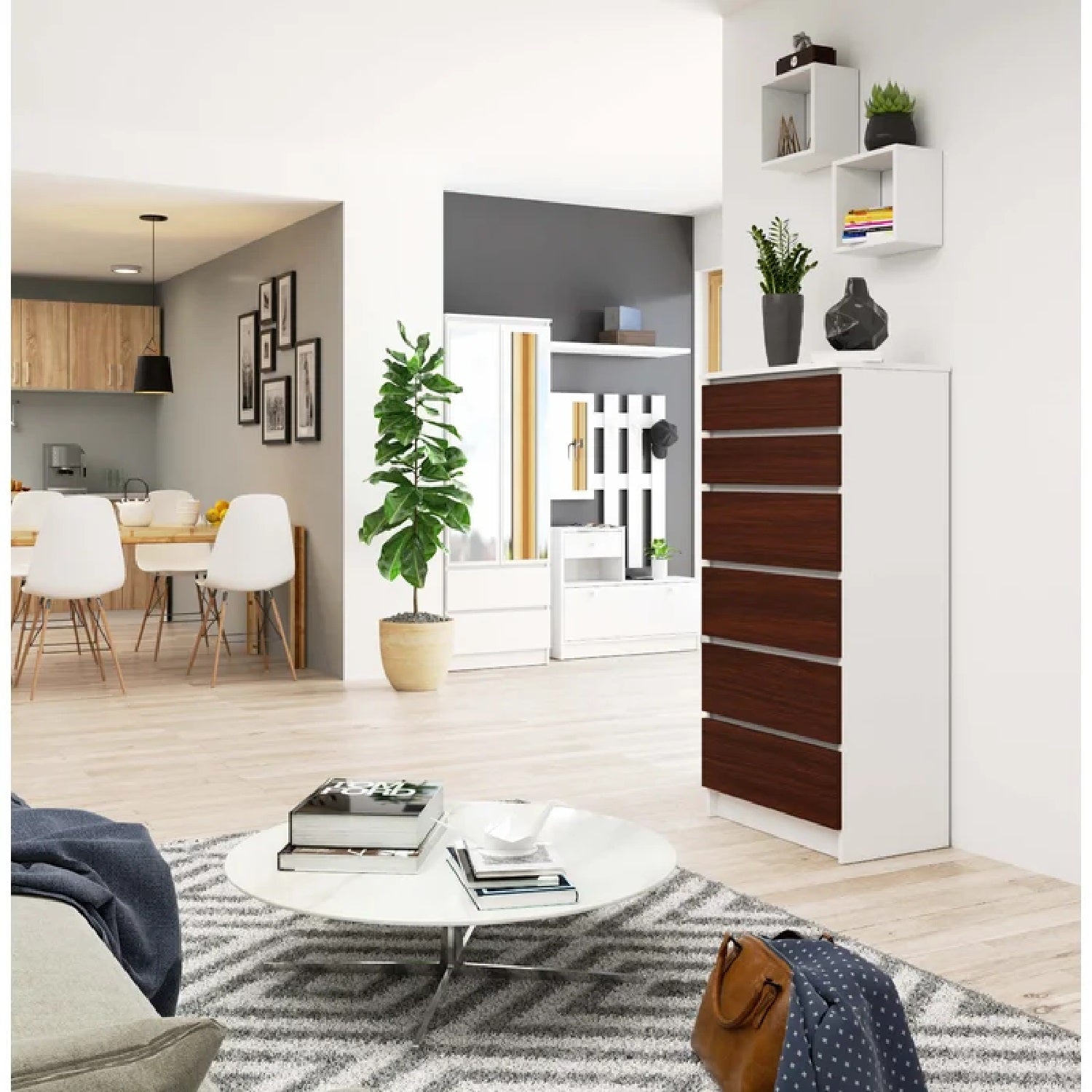 Elora 6 Tallboy Drawers - White and Dark Brown