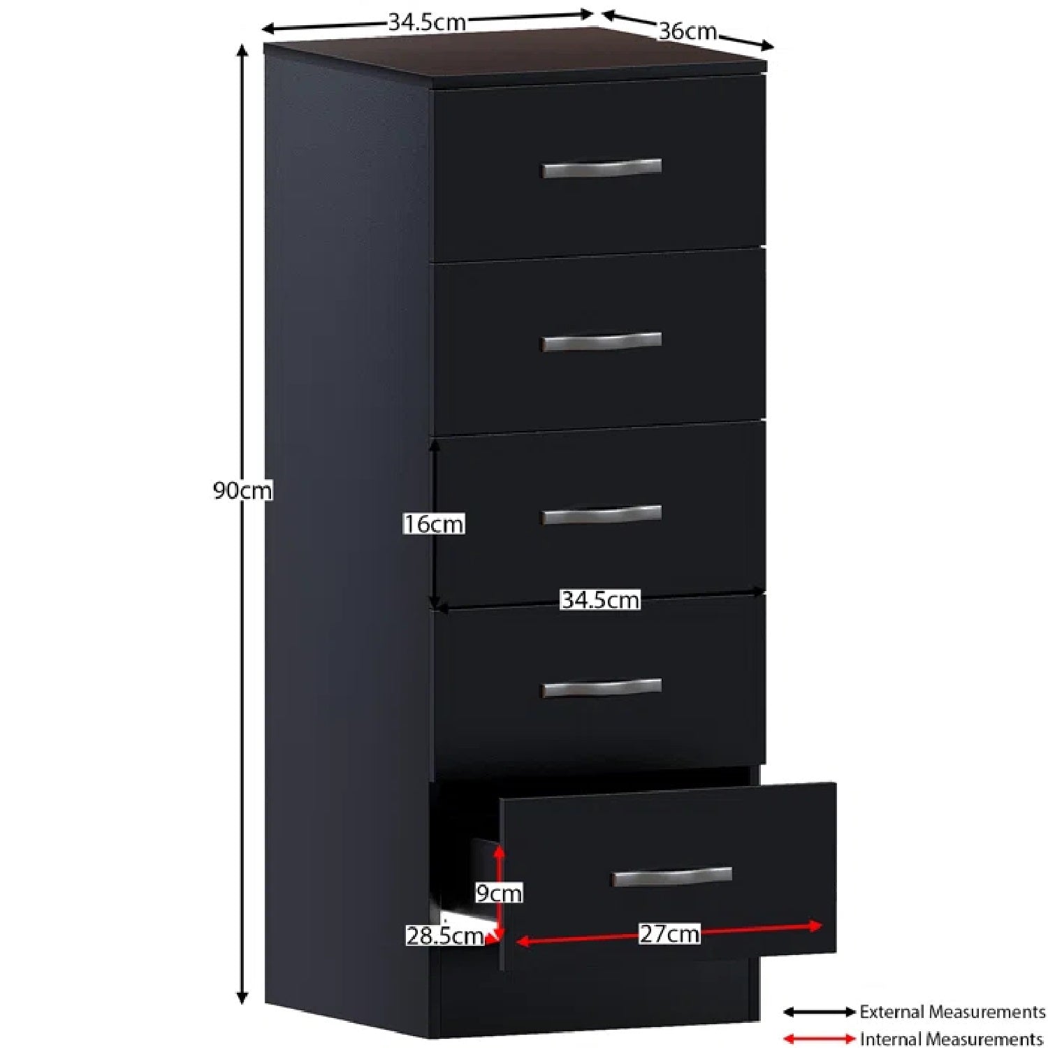 Levi 5 Tallboy Drawers - Black