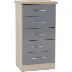 Nyla 5 Drawer Tallboy - Grey Gloss and Light Oak