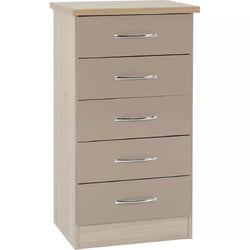 Nyla 5 Drawer Tallboy - Oyster Gloss and Light Oak