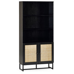 Pavlo Tall Bookcase - Black & Rattan